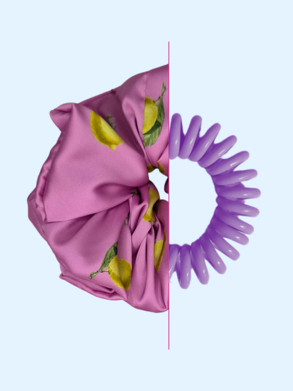 Scrunchie satynowa - Różowe cytryny