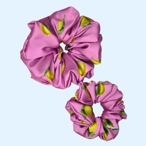 Scrunchie satynowa - Różowe cytryny