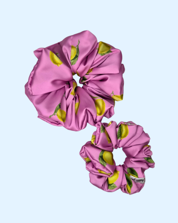 Scrunchie satynowa - Różowe cytryny